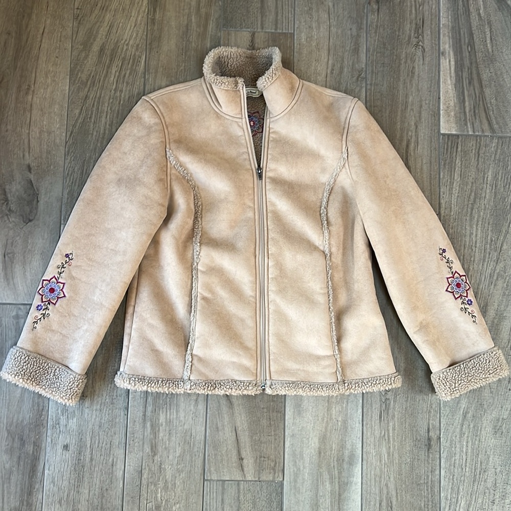 LL Bean Embroidered Faux Suede Sherpa Lined Zip Up Jacket Womens Medium Beige